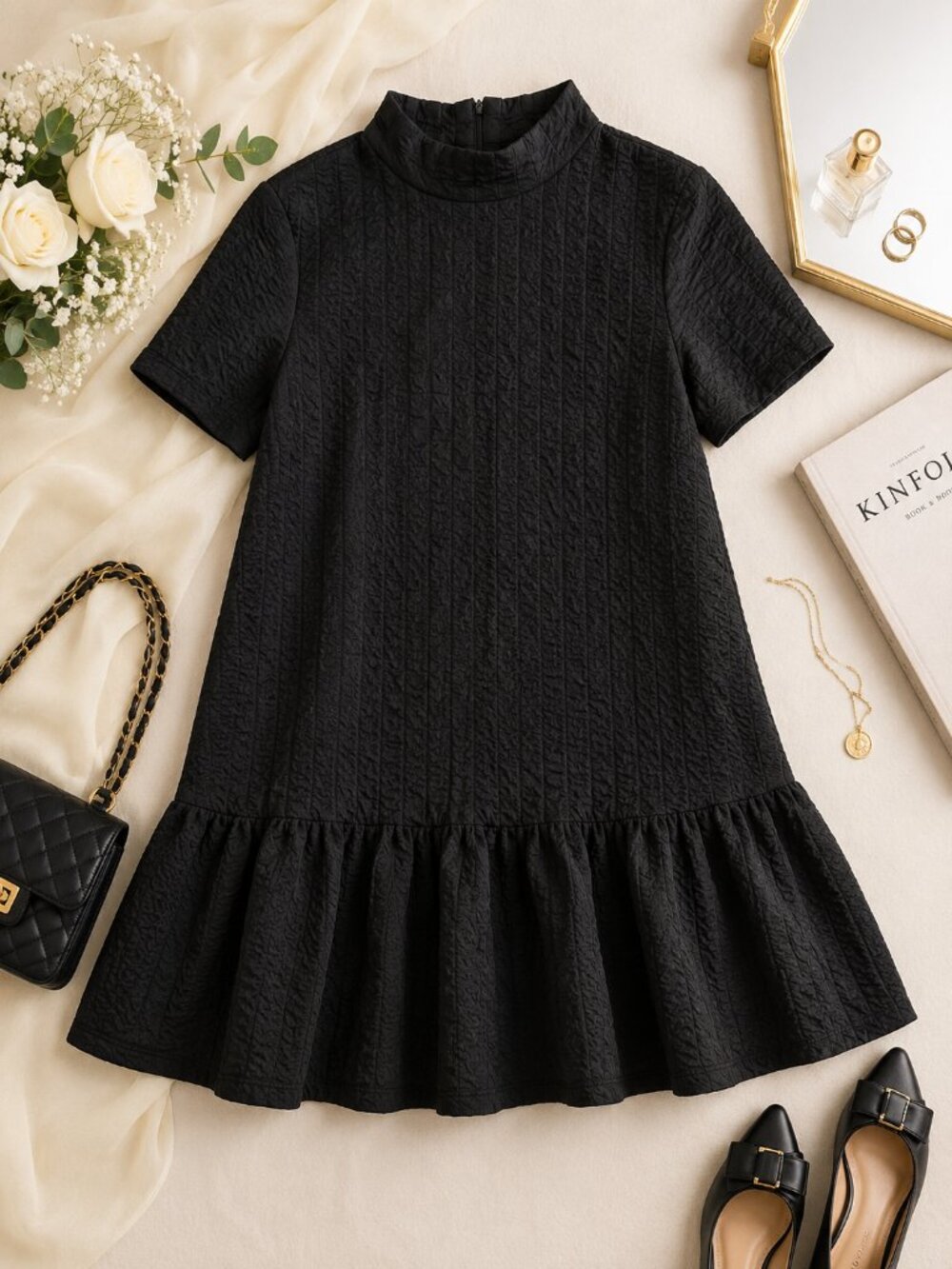 Zara Black Textured Mock Neck Drop Waist Mini Dress Size S